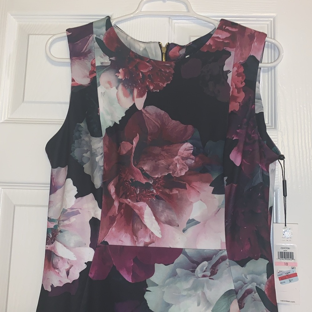 Calvin Klein women floral asymmetrical sheath mermaid dress purple pink size 10 - Picture 2 of 6